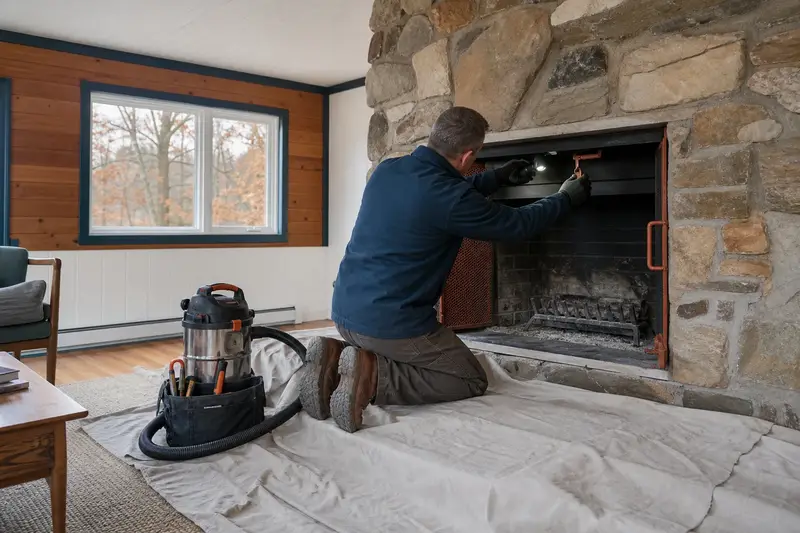 A technician adjusting the damper handle of a factory-built wood-burning fireplace with a stone facing by flashlight, the fireplace cold; illustrative image