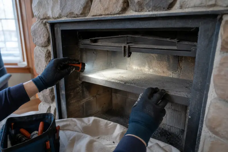 A smoke shelf and damper frame lit by a flashlight beam; illustrative image