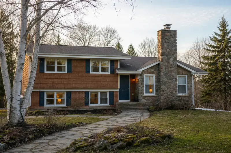 A 1960s split-level house with a stone masonry chimney topped by a new stainless steel cap; illustrative image