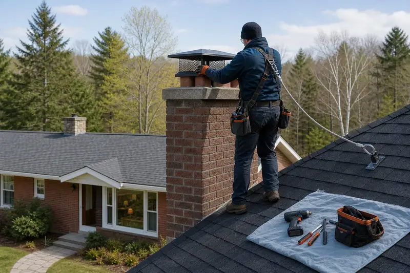 A harnessed technician fastening a multi-flue cap over the crown of a tall brick chimney on a steep gable roof; illustrative image