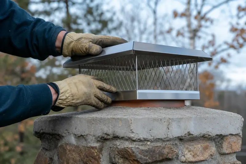 A stainless steel mesh cap seated on a flue above a concrete crown, seen up close; illustrative image