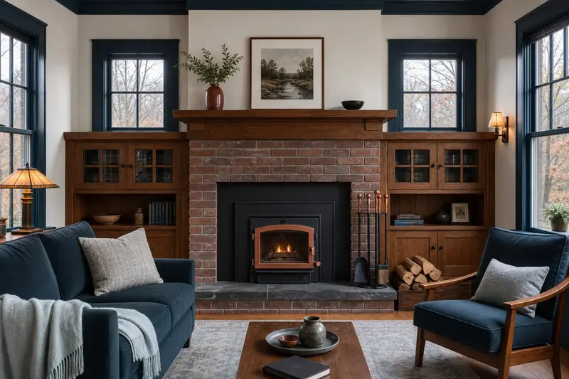 A tidy hearth room with a wood-burning insert in a brick opening, a cleared hearth, fireplace tools and split firewood; illustrative image
