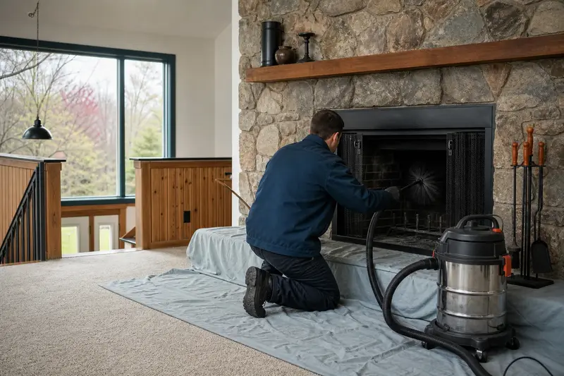 A technician kneeling at an open masonry wood-burning fireplace with a sealed vacuum and drop cloths, the fireplace cold and unlit; illustrative image