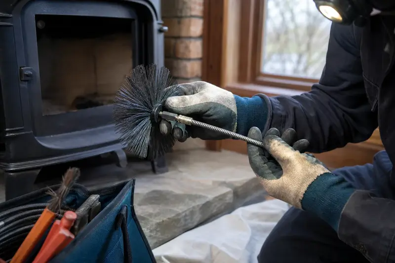 Gloved hands fitting a round wire brush onto a flexible rod at the hearth of a cast-iron wood stove on a stone hearth pad; illustrative image