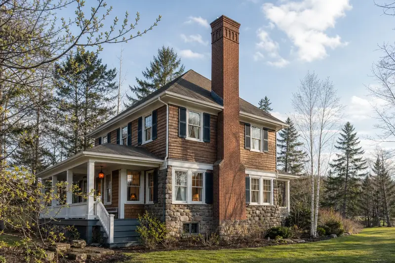 A 1920s foursquare house in soft daylight with a tall brick chimney on a steep gable roof standing clear above the roofline; illustrative image