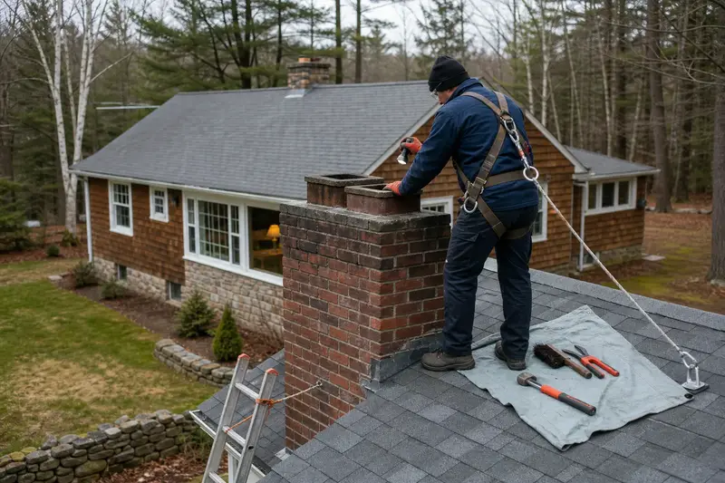 A harnessed technician examining the top of a two-flue brick chimney on a slate roof with a flashlight from a dry roof surface; illustrative image