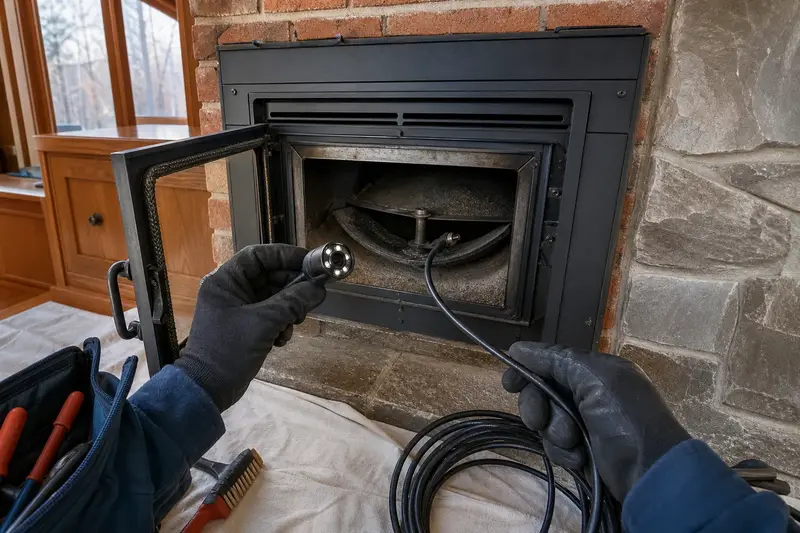 An inspection camera head on a flexible cable at the damper opening of a wood-burning insert in a brick opening; illustrative image