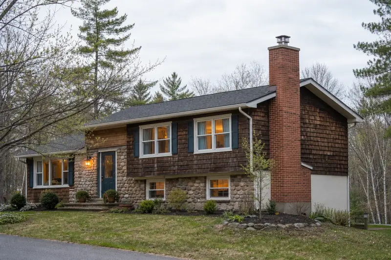A 1970s split-level house with a red brick chimney with a concrete crown fitted with a stainless steel liner cap; illustrative image