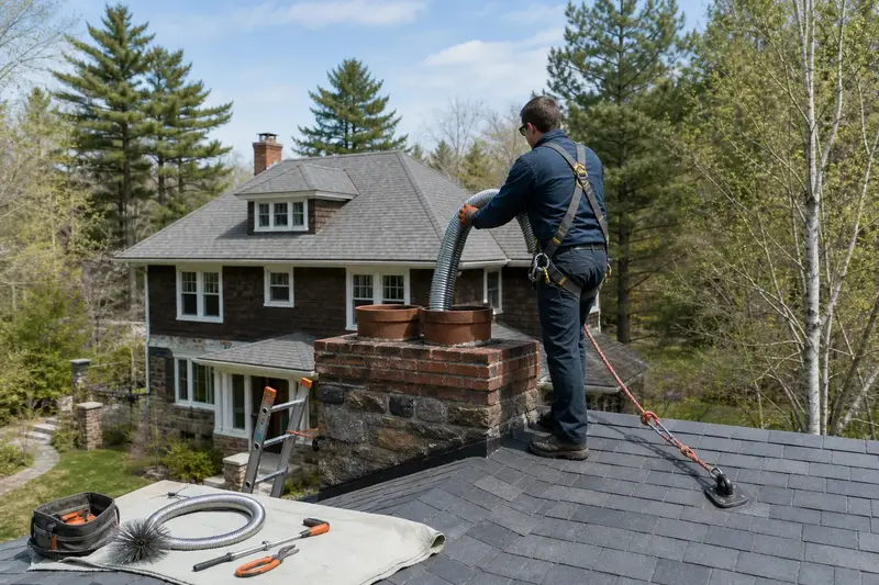 A harnessed technician guiding a flexible stainless steel liner down into the flue at the top of a two-flue brick chimney on a slate roof; illustrative image