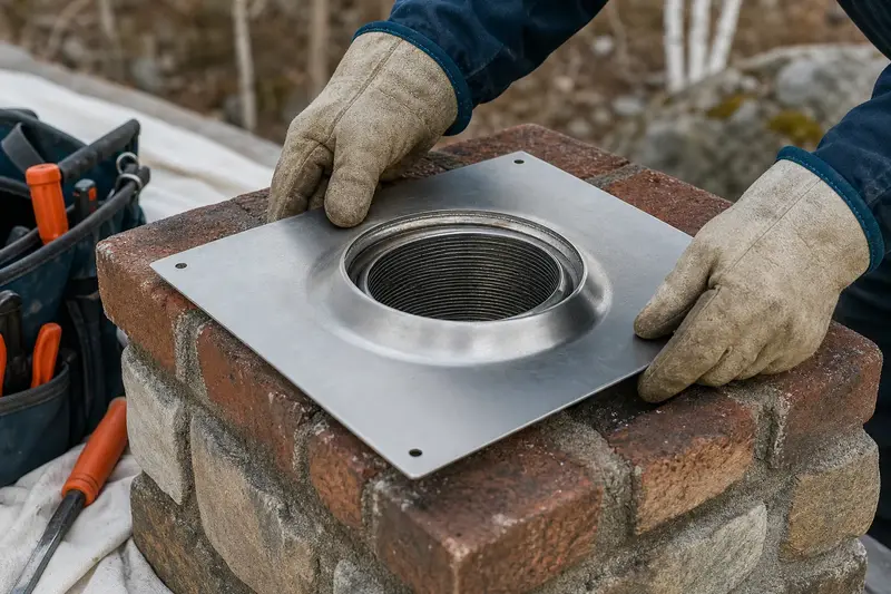Gloved hands fitting a stainless steel liner top plate at a flue opening; illustrative image