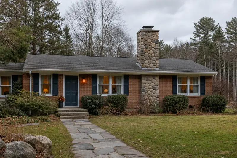 A 1970s brick-front ranch house with a stone masonry chimney rising above the roof; illustrative image