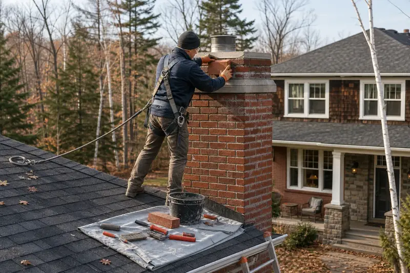 A harnessed mason setting a replacement brick near the top of a red brick chimney with a concrete crown; illustrative image