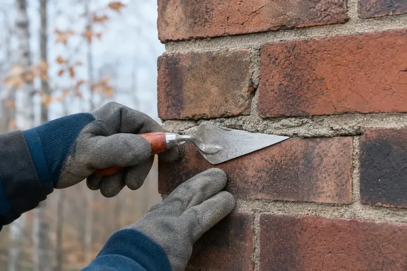 Gloved hands pressing fresh mortar into a raked joint with a tuckpointing trowel; illustrative image