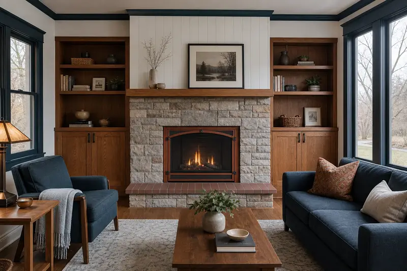 A remodeled hearth wall with a direct-vent gas fireplace, a slim wood mantel and built-in shelves; illustrative image