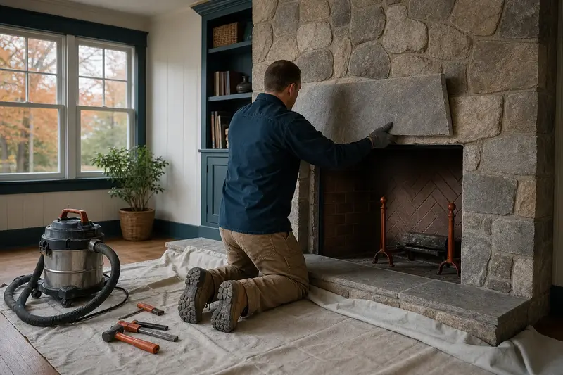 An installer setting a large stone panel onto a new fireplace surround, the firebox cold; illustrative image