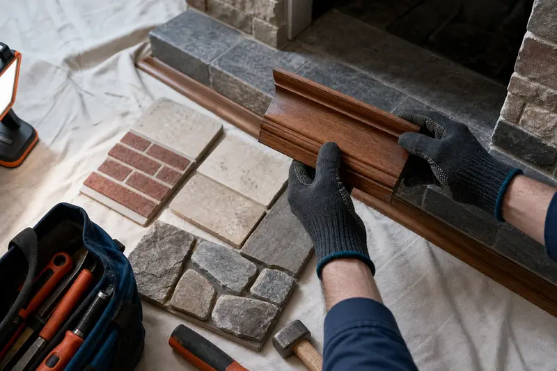 Samples of stone, tile and a mantel wood finish laid out on a hearth; illustrative image