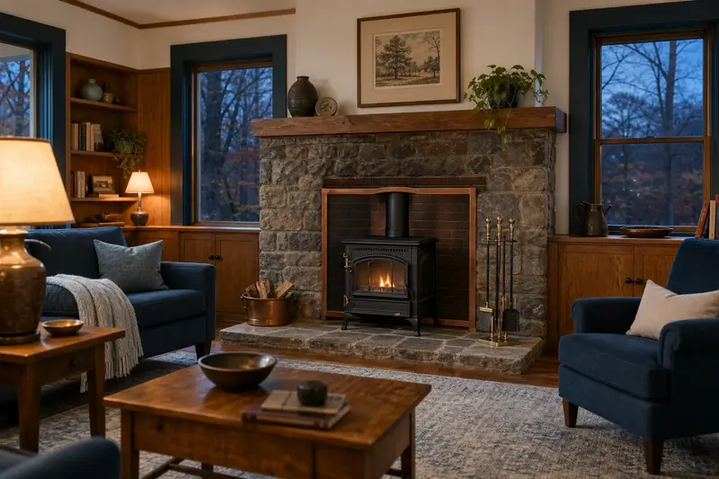 A restored hearth room with a cast-iron wood stove on a stone hearth pad, a clean hearth and brass fireplace tools; illustrative image