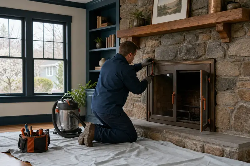 A technician adjusting the glass doors of an open masonry wood-burning fireplace with a hand tool, the fireplace unlit; illustrative image