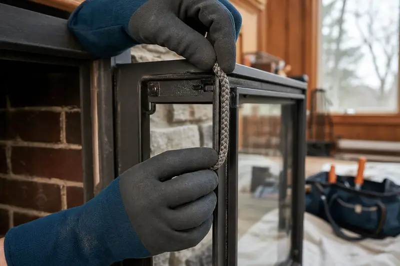 Gloved hands fitting new gasket rope along a fireplace door frame; illustrative image