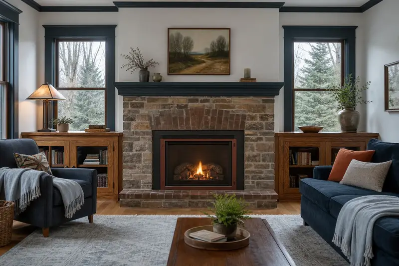A warm living room with a vented gas log set in a masonry firebox glowing softly behind its glass, no one present; illustrative image