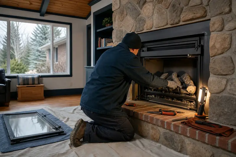 A technician checking the burner and log placement of a direct-vent gas fireplace with the gas off and the glass set aside; illustrative image
