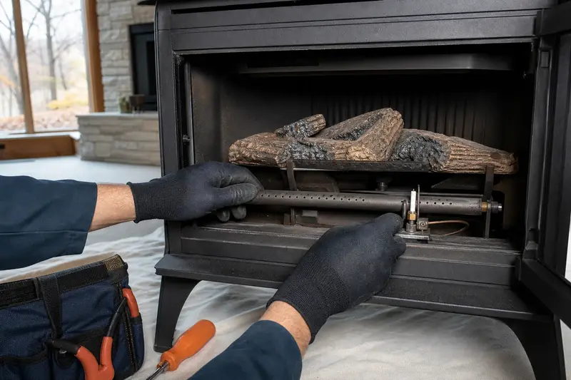 The burner, pilot assembly and ember bed inside a freestanding gas stove, unlit, seen up close; illustrative image