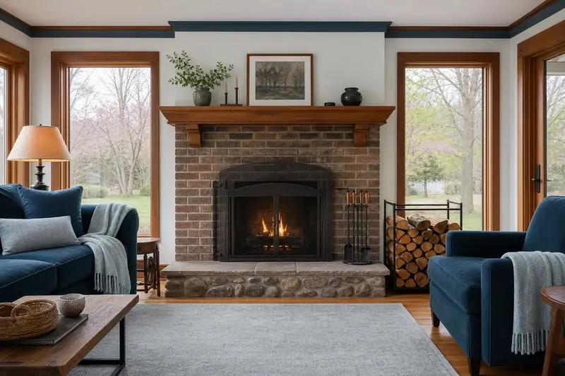 A hearth room with an open masonry wood-burning fireplace, split firewood in a steel rack and a clear hearth; illustrative image