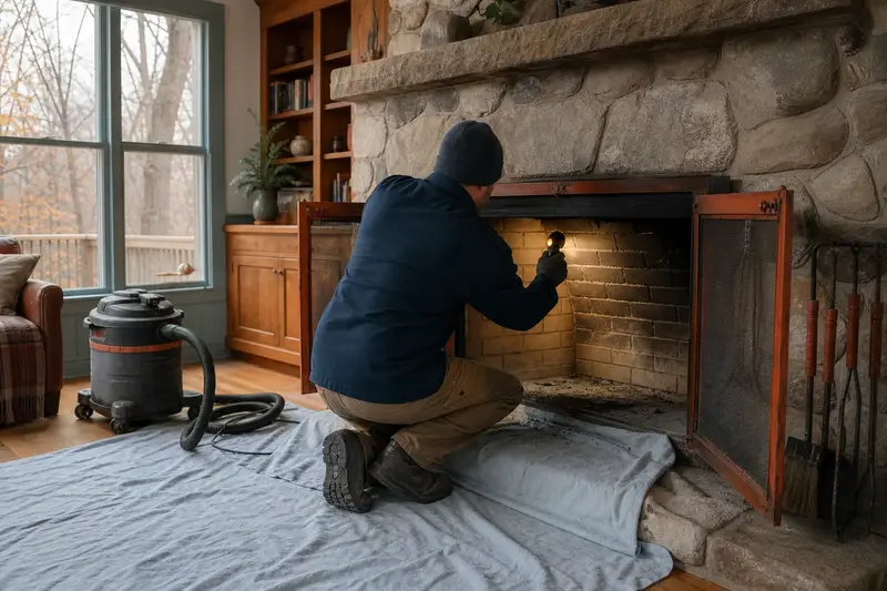 A technician checking the firebox walls of a factory-built wood-burning fireplace with a stone facing with a work light, a drop cloth on the hearth; illustrative image