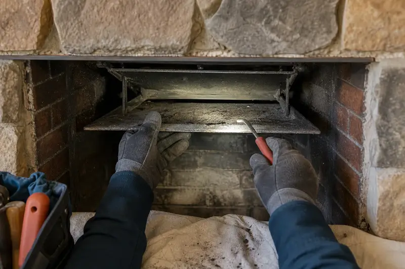 A smoke shelf and damper frame lit by a flashlight beam; illustrative image