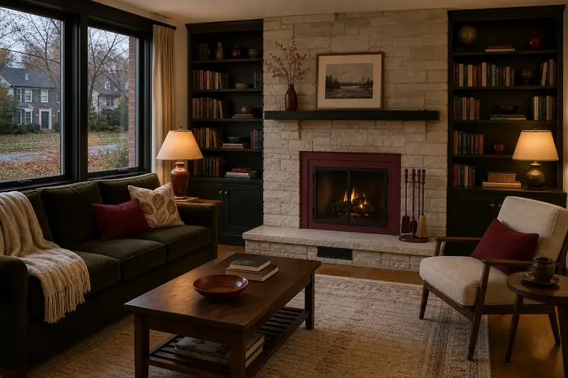 A lived-in family room with a factory-built wood-burning fireplace with a stone facing, books on built-in shelves and a lamp lit, no one present; illustrative image