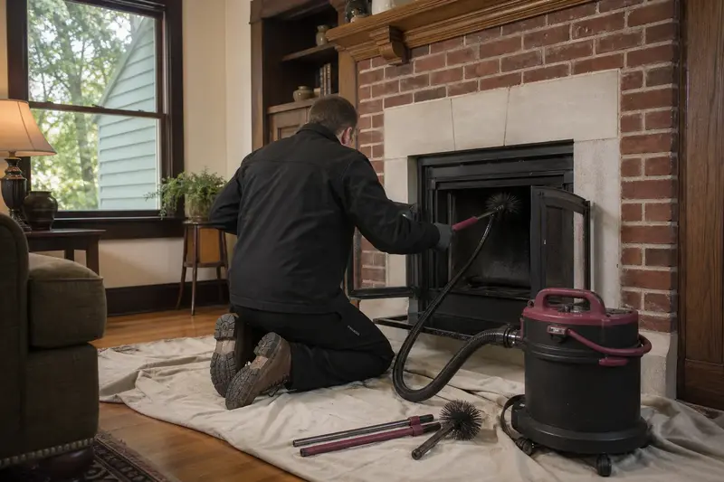 A technician feeding a rotary chimney brush up the flue of a wood-burning insert in a brick opening, drop cloths and a sealed vacuum on the hearth, the fireplace cold and unlit; illustrative image