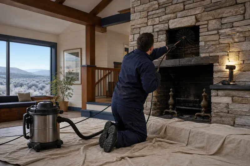 A technician feeding a rotary chimney brush up the flue of an open masonry wood-burning fireplace, drop cloths and a sealed vacuum on the hearth; illustrative image