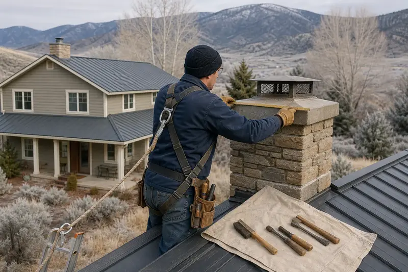 A harnessed mason measuring the crown of a stacked-stone chimney on a metal roof with a folding rule; illustrative image