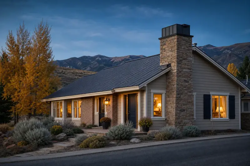 A 1980s high-desert contemporary house with a metal roof seen from the street with a stone-veneer chimney with a steel cap; illustrative image