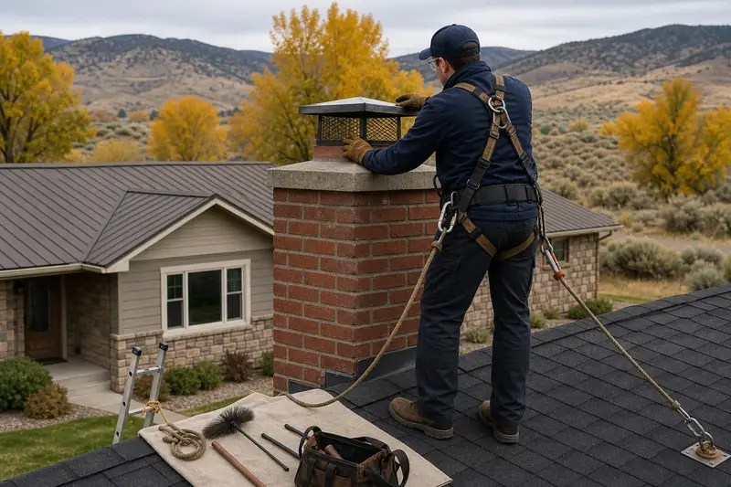A harnessed technician checking the cap and crown of a brick chimney with a concrete crown on an asphalt shingle roof before the heating season; illustrative image