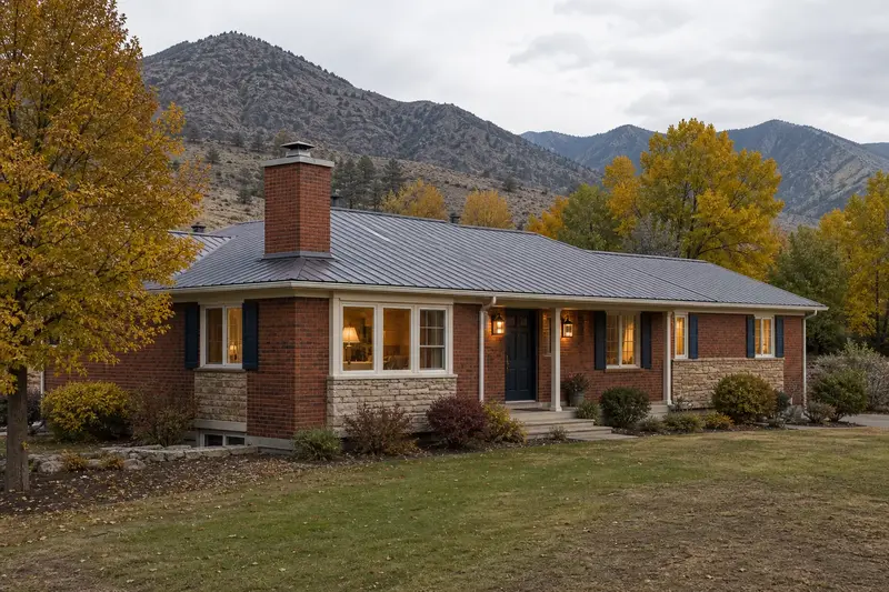 A 1980s brick ranch house with a red brick chimney with a steel cap on a metal roof and warm lamp-lit windows; illustrative image