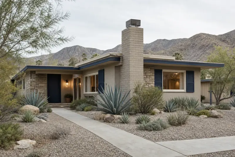 A 1960s desert contemporary house with a flat roof and stone accents with a slump-block brick chimney with a steel cap and a tidy front walk; illustrative image