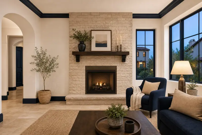 An empty, freshly painted living room with a direct-vent gas fireplace awaiting new owners; illustrative image