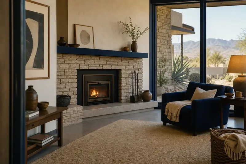 A quiet hearth room with a wood-burning insert in a brick opening and a reading chair; illustrative image