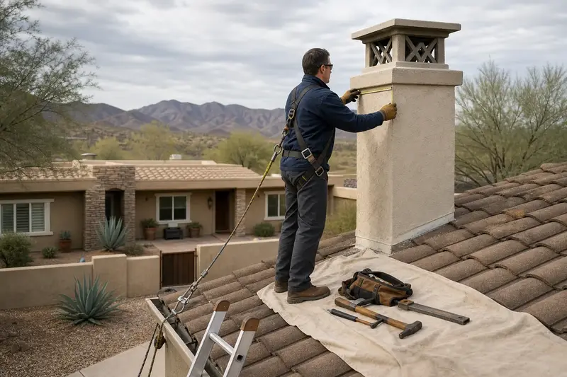 A harnessed technician measuring a stucco chimney with a decorative cap on a dry roof; illustrative image