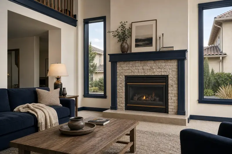 A living room with a direct-vent gas fireplace seen straight on, its opening, hearth and surround clear; illustrative image