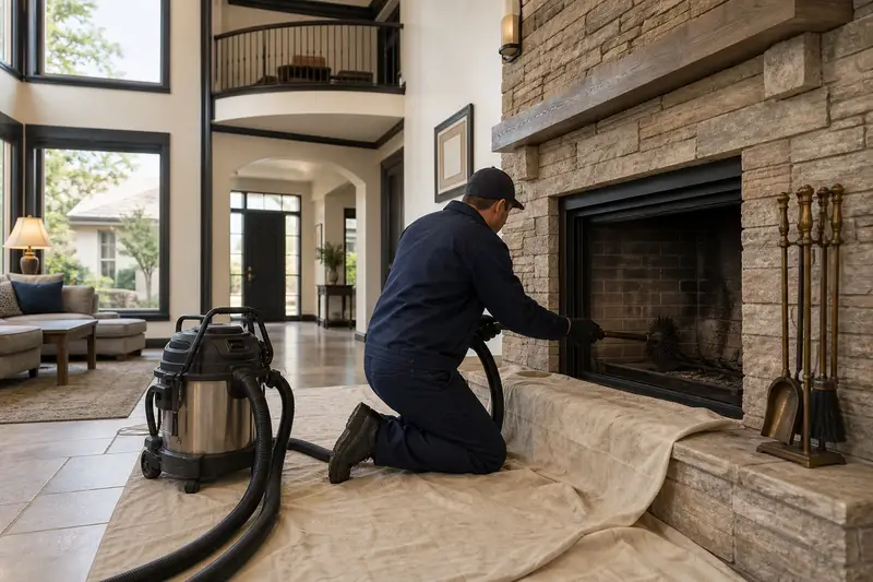 A technician kneeling at an open masonry wood-burning fireplace with a sealed vacuum and drop cloths, the fireplace cold and unlit; illustrative image