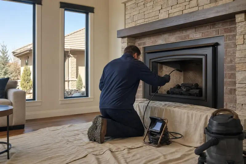 A technician guiding an inspection camera into the firebox of a gas insert set in a brick opening, the fireplace cold and unlit; illustrative image