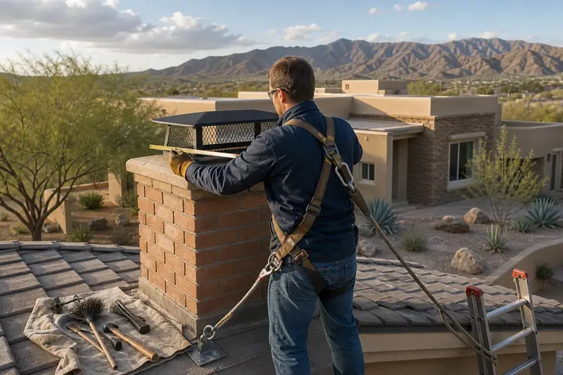 A harnessed mason measuring the crown of a brick chimney with a metal cap on a concrete tile roof with a folding rule; illustrative image