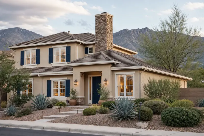 A 2000s two-story stucco suburban house seen from the street with a stacked-stone chimney above a tile roof; illustrative image