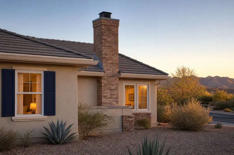A 2000s stucco ranch house with a concrete tile roof seen from the street with a brick chimney with a metal cap on a concrete tile roof; illustrative image