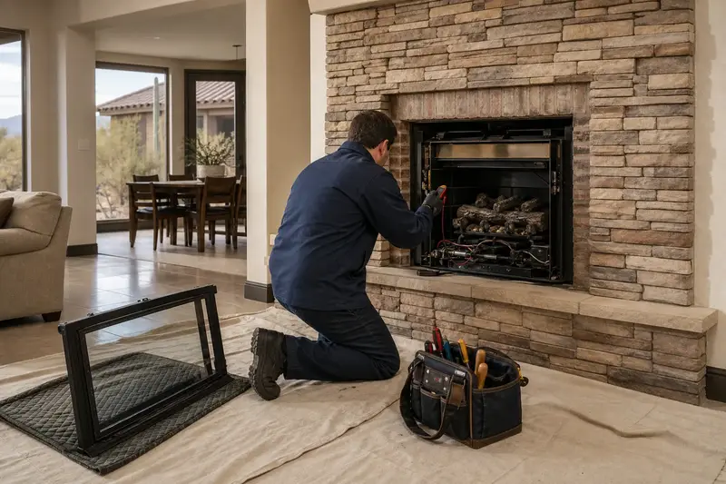 A technician testing the igniter of a gas insert set in a brick opening with the glass front set aside; illustrative image