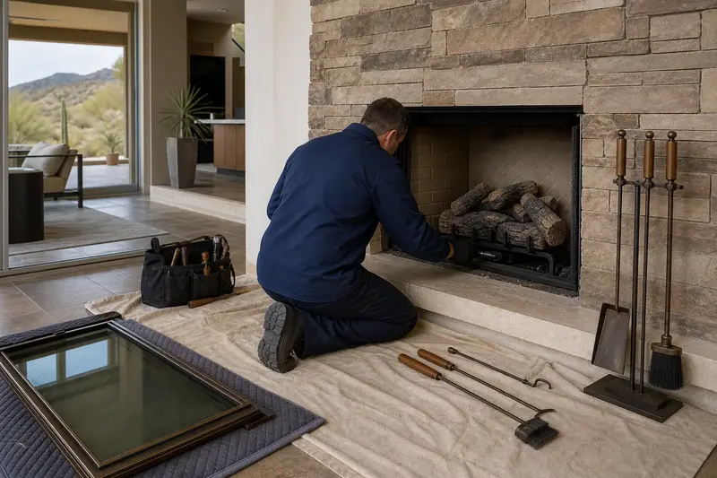 A technician checking the burner and log placement of a vented gas log set in a masonry firebox with the gas off and the glass set aside; illustrative image