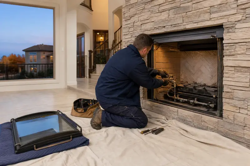 A technician checking the pilot assembly of a gas insert set in a brick opening with the glass front removed; illustrative image
