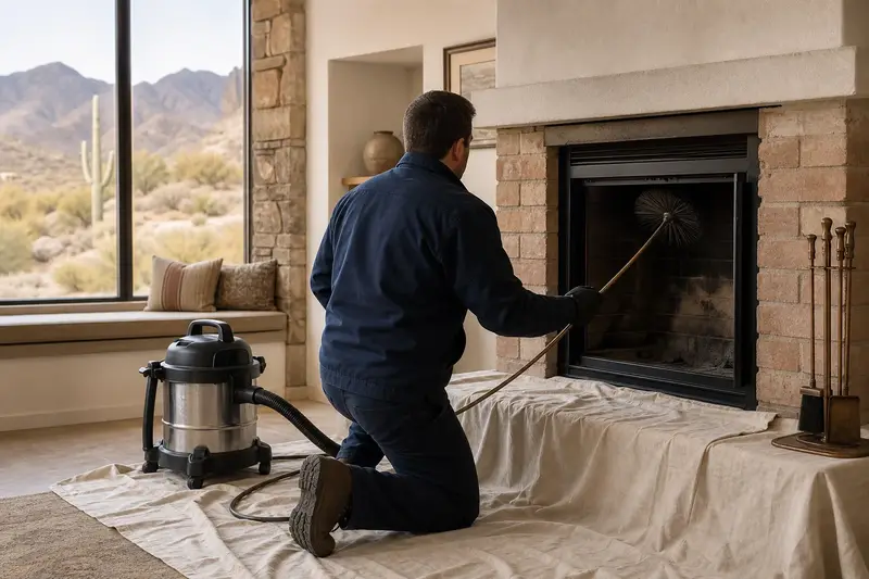 A technician feeding a rotary chimney brush up the flue of a wood-burning insert in a brick opening, drop cloths and a sealed vacuum on the hearth; illustrative image